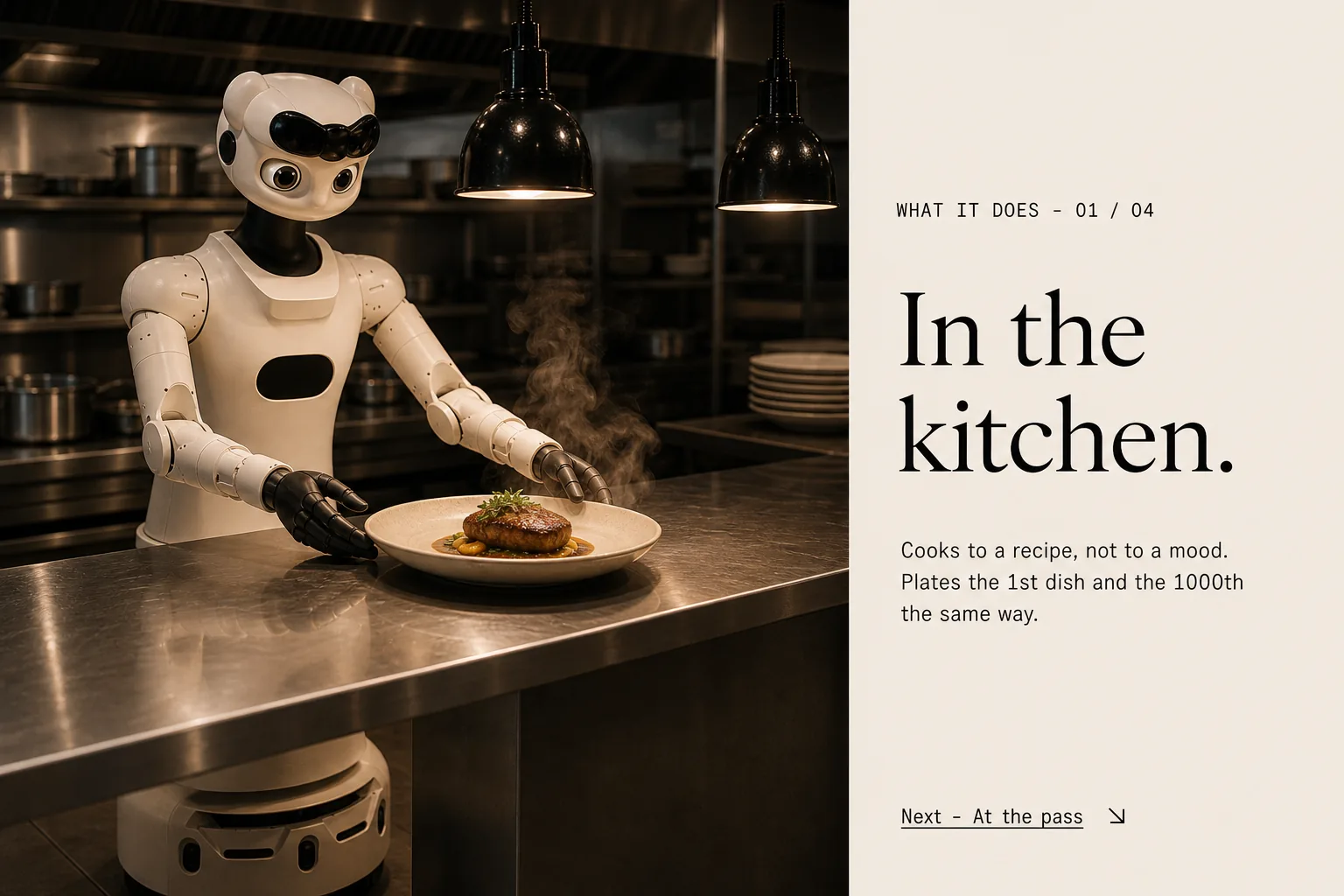 Theta robot plating a dish in a restaurant kitchen